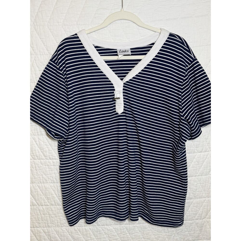 Links Top Shirt Women Plus 2X Blue White short sleeve Striped vneck